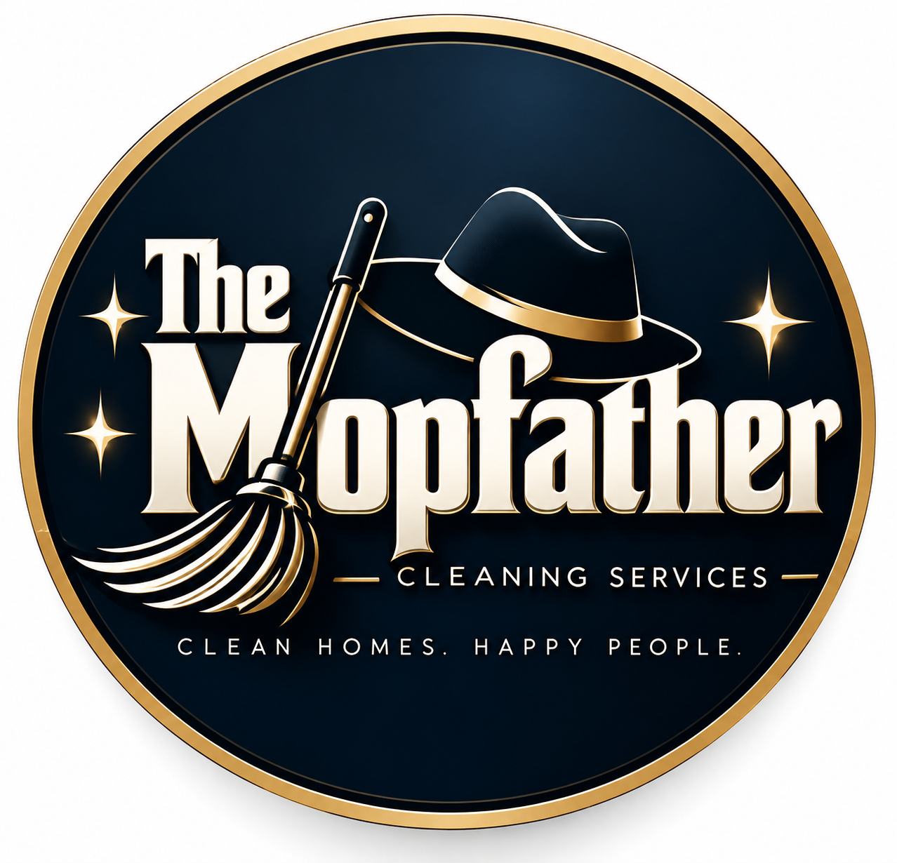 The Mopfather Cleaning Services logo: a gold-rimmed navy emblem with a hat and mop.